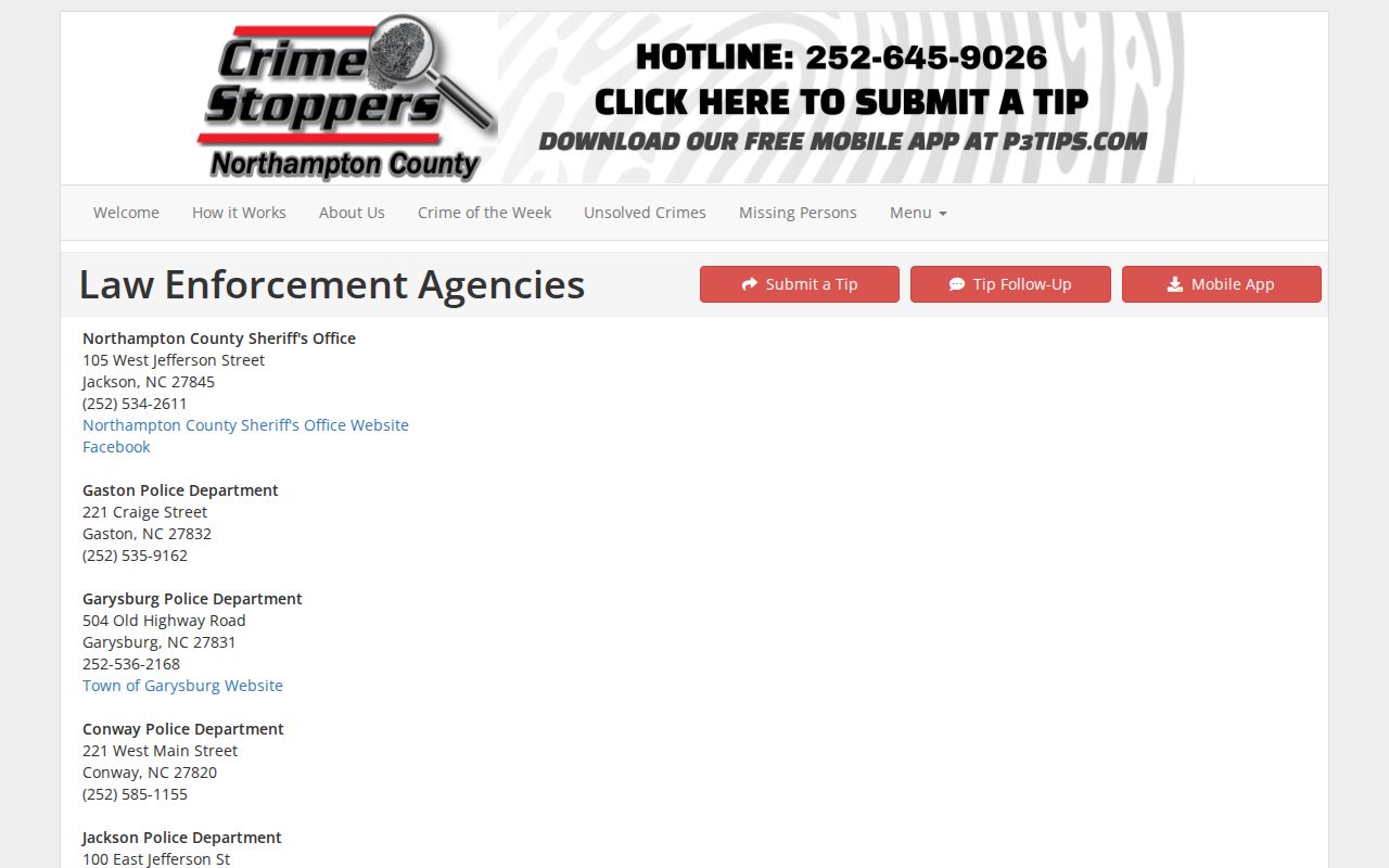 Northampton County law enforcement directory with Gaston Police and Sheriff contacts