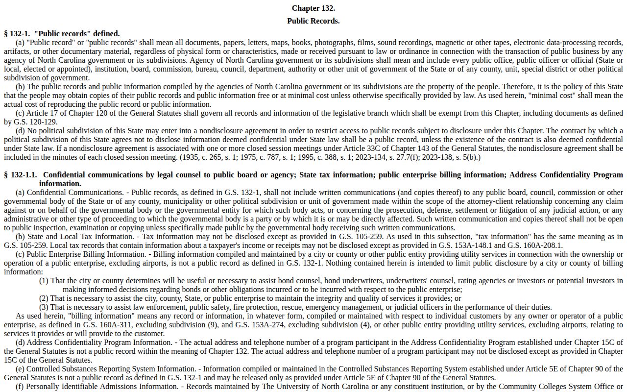 North Carolina public records law covering arrest information